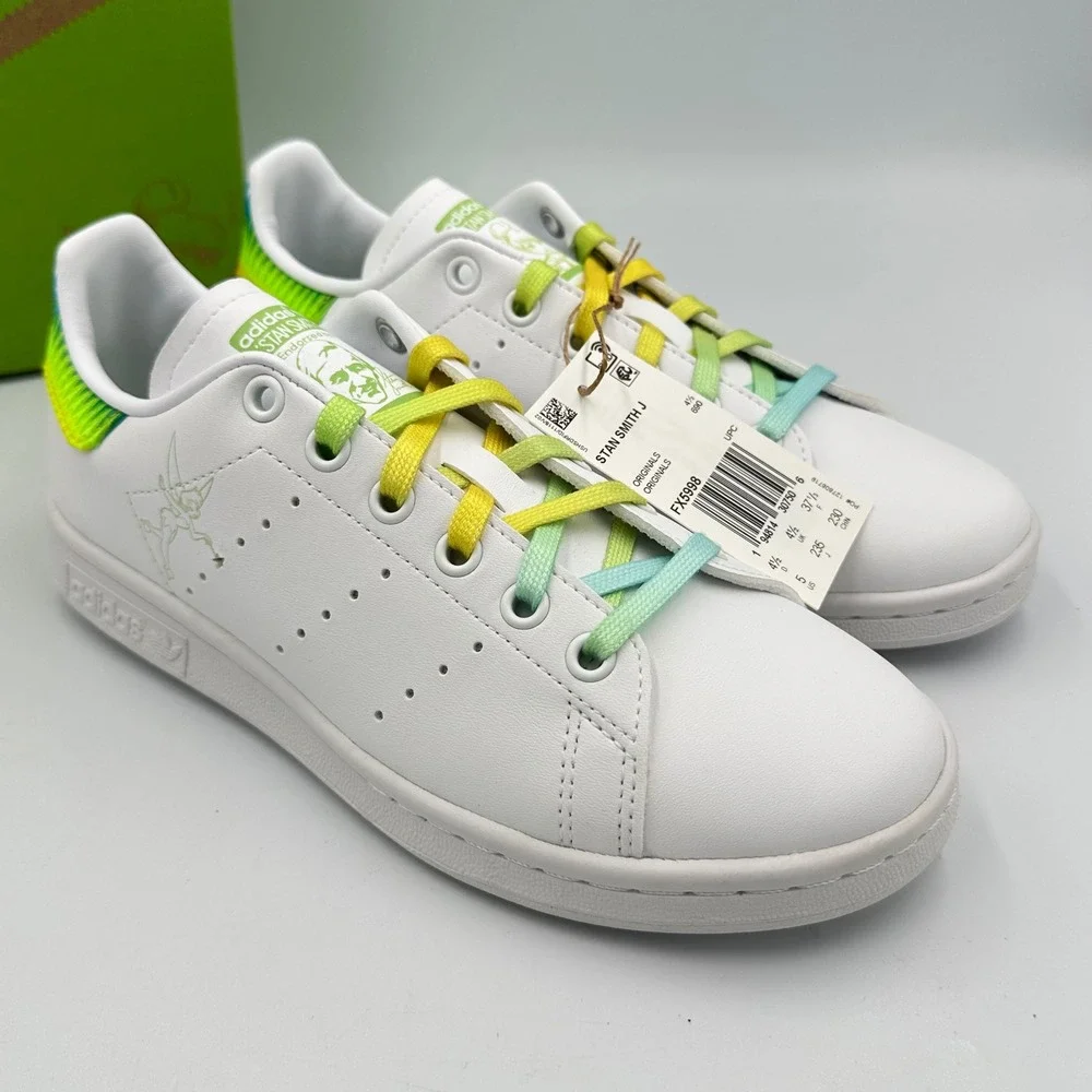Adidas Stan Smith J FX5998 Kids Disney Tinkerbell White Rainbow Lace Shoes Sz‎ 5